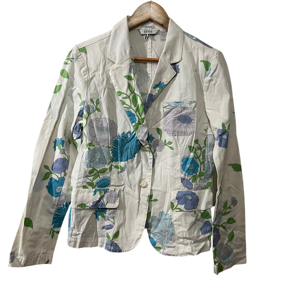 Izod Women's‎ Floral Blazer Large White Blue Green Jacket Garden Print Preppy